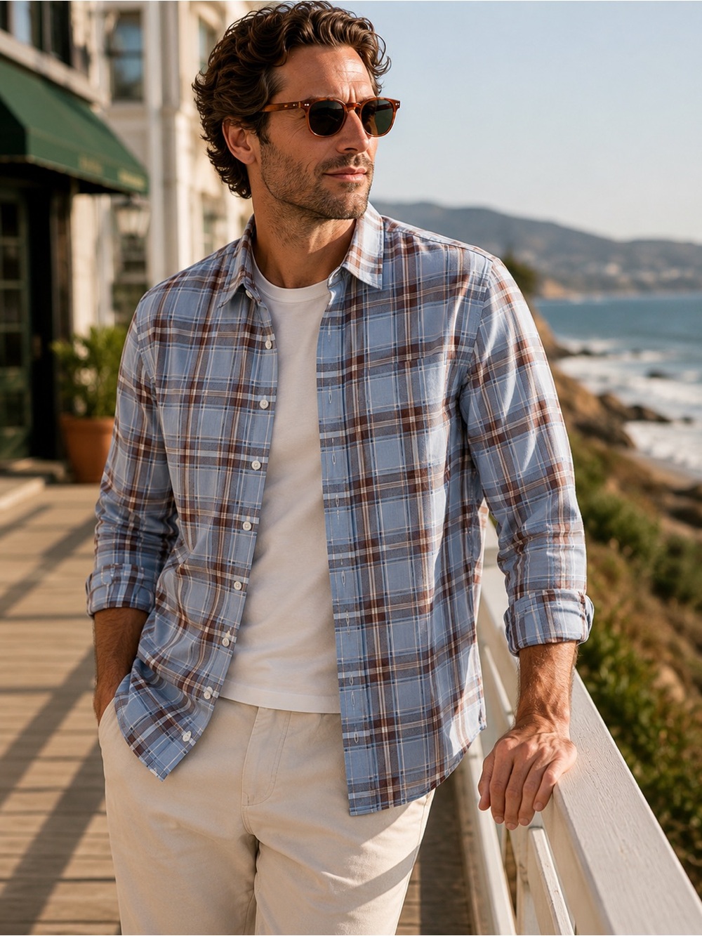 Vince Men’s 100% Cotton Plaid Button Down Shirt Blue Brown Long Sleeve Size L